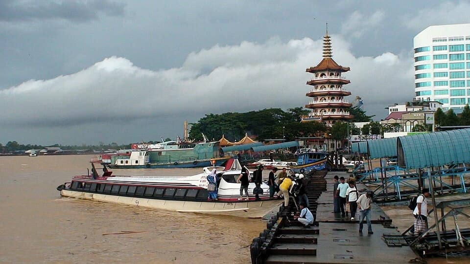 Express boats and the pagoda at Sibu's Rejang River wharf