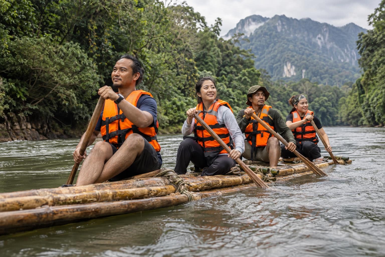 AI-generated image: Imagined bamboo-raft outing on a rainforest-lined river inspired by Sarawak Kiri