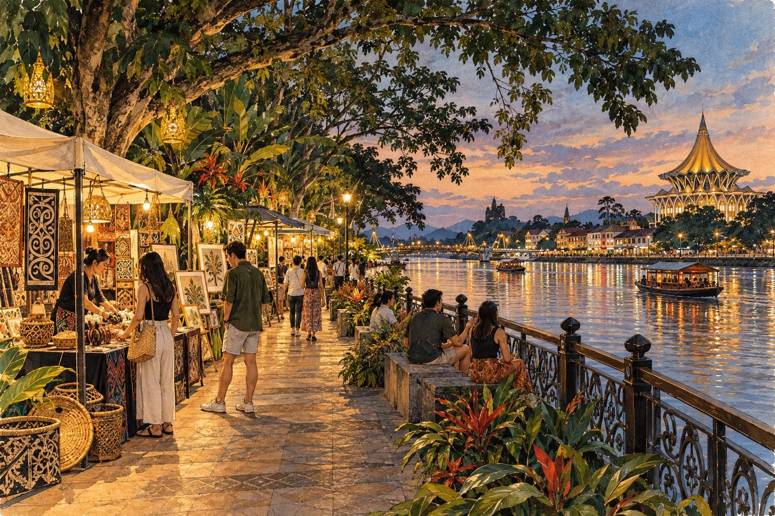 AI illustration: Imagined arts evening beside the Sarawak River in Kuching