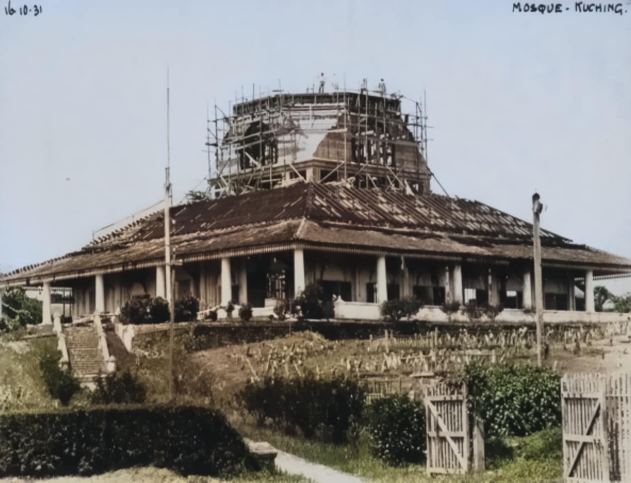 Kuching City Mosque under construction 16 October 1931, Kuching, Sarawak - Colorised by computer plugin