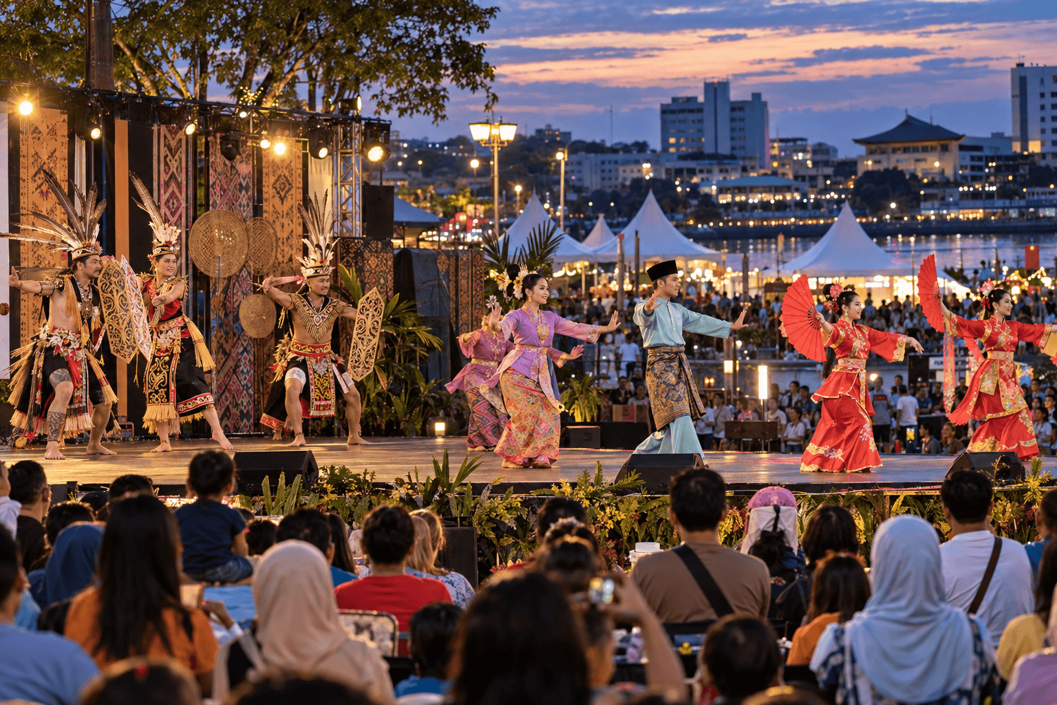 Multicultural dance groups performing for families at an evening festival in Sibu