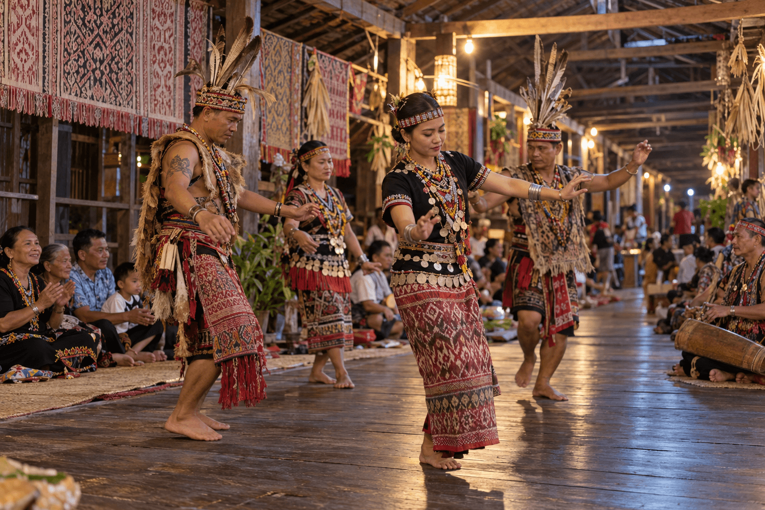 Ngajat dancers in an Iban longhouse during a Gawai celebration