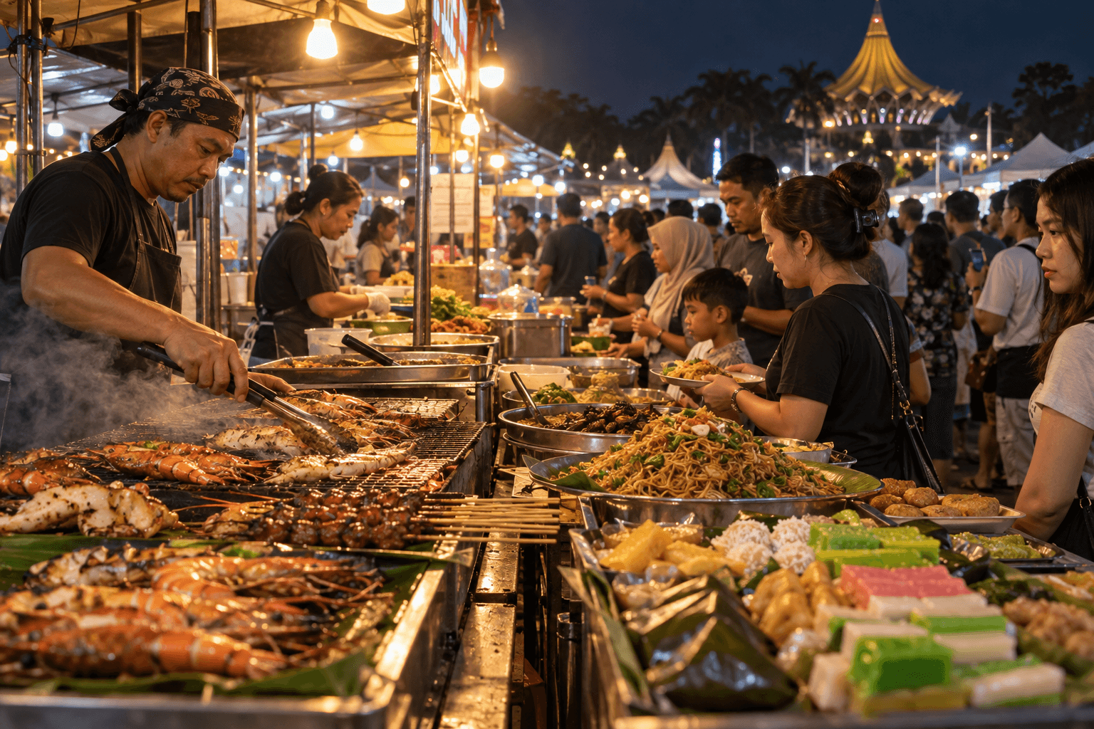 A busy evening food stall at Kuching Festival