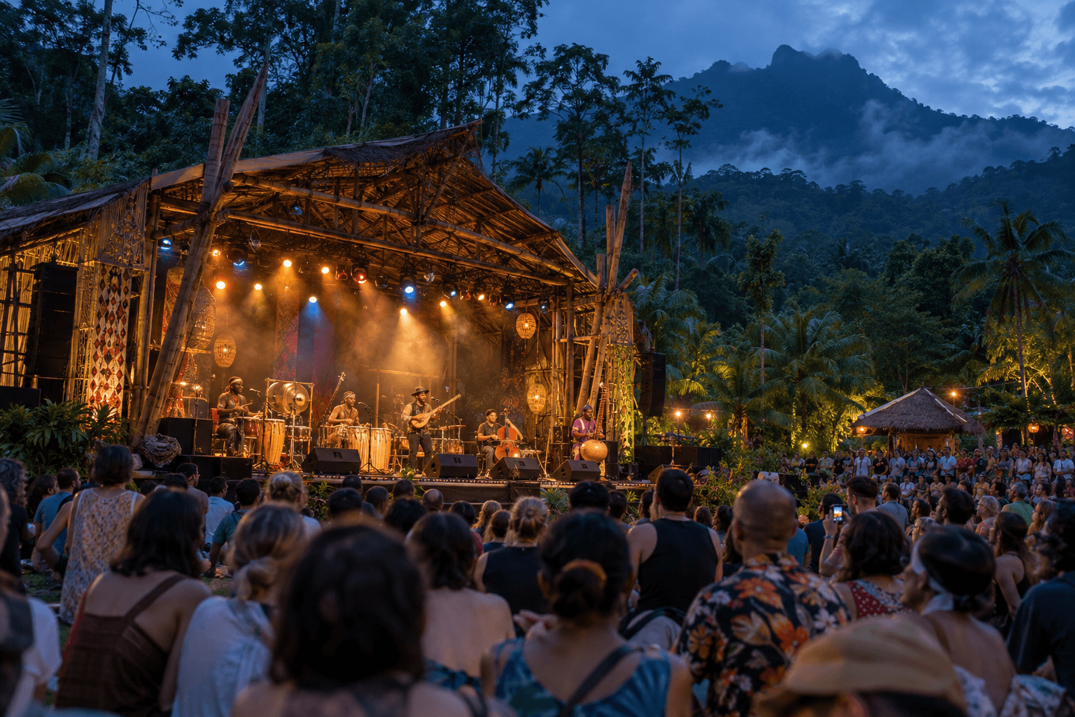 World musicians performing before a crowd in the rainforest beneath Mount Santubong