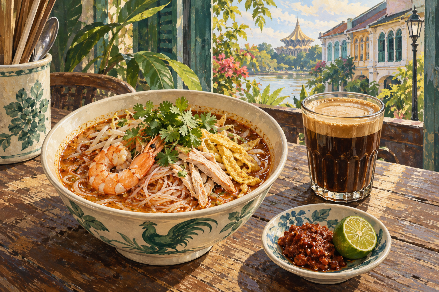 AI-generated gouache illustration of Sarawak laksa, lime and coffee on a kopitiam table