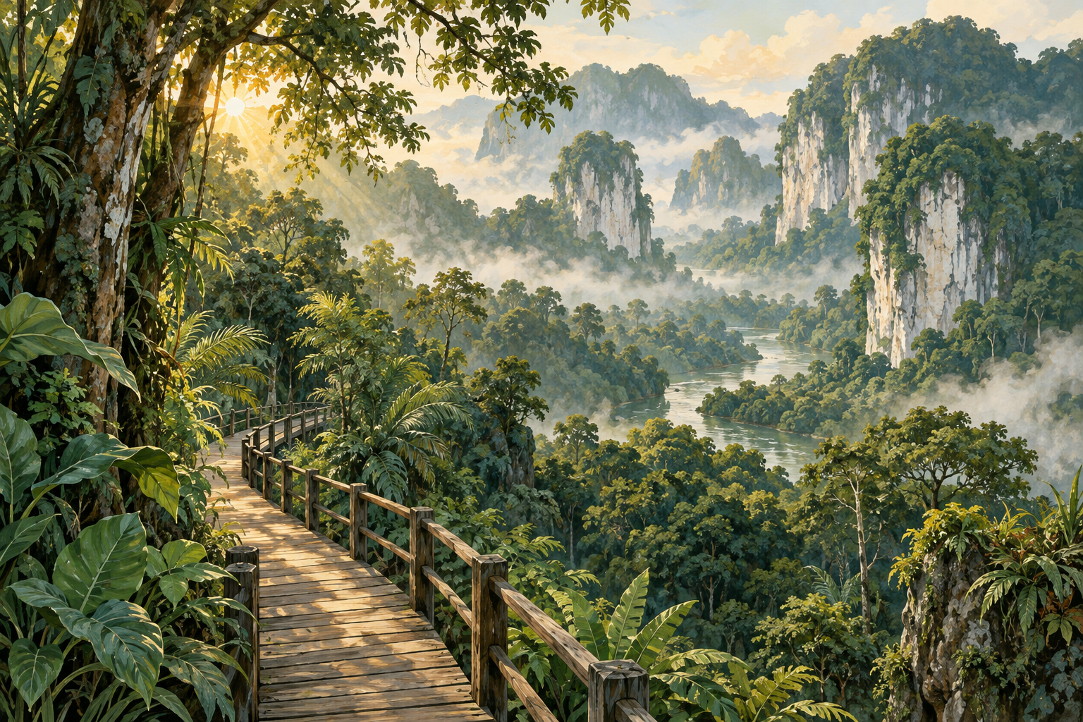 AI-generated gouache illustration of a misty limestone rainforest and wooden boardwalk inspired by Sarawak