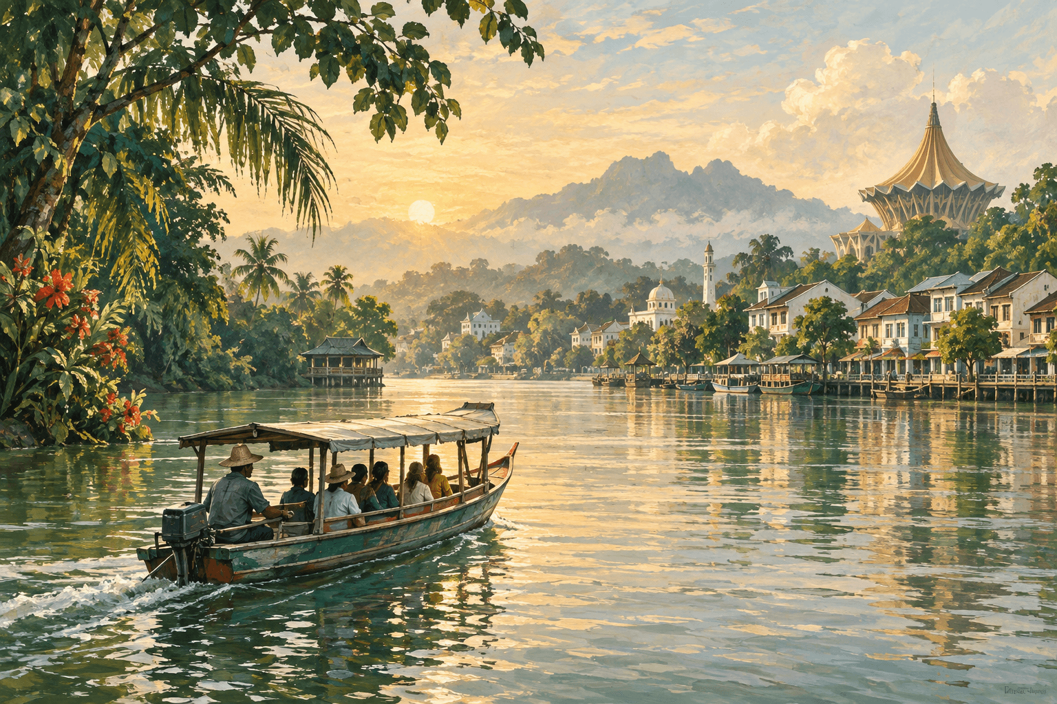 AI-generated gouache illustration of a wooden passenger boat crossing a sunlit Sarawak-inspired river