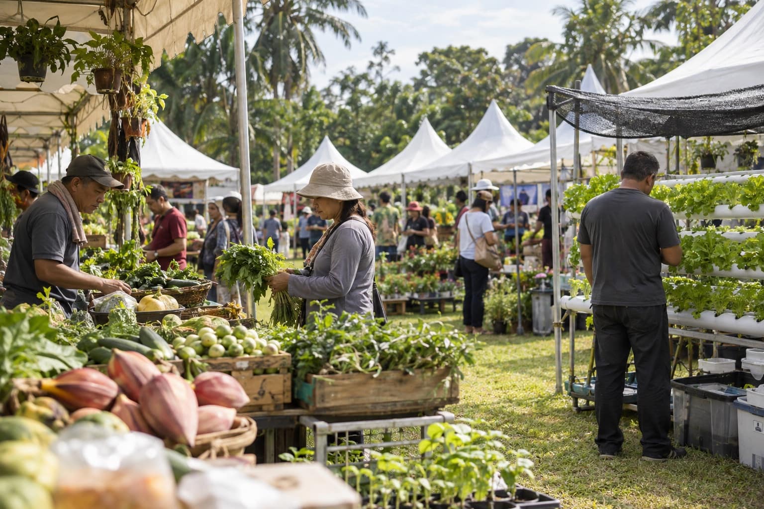 AI-generated image: Imagined Bintulu agricultural exhibition with produce stalls and demonstration areas
