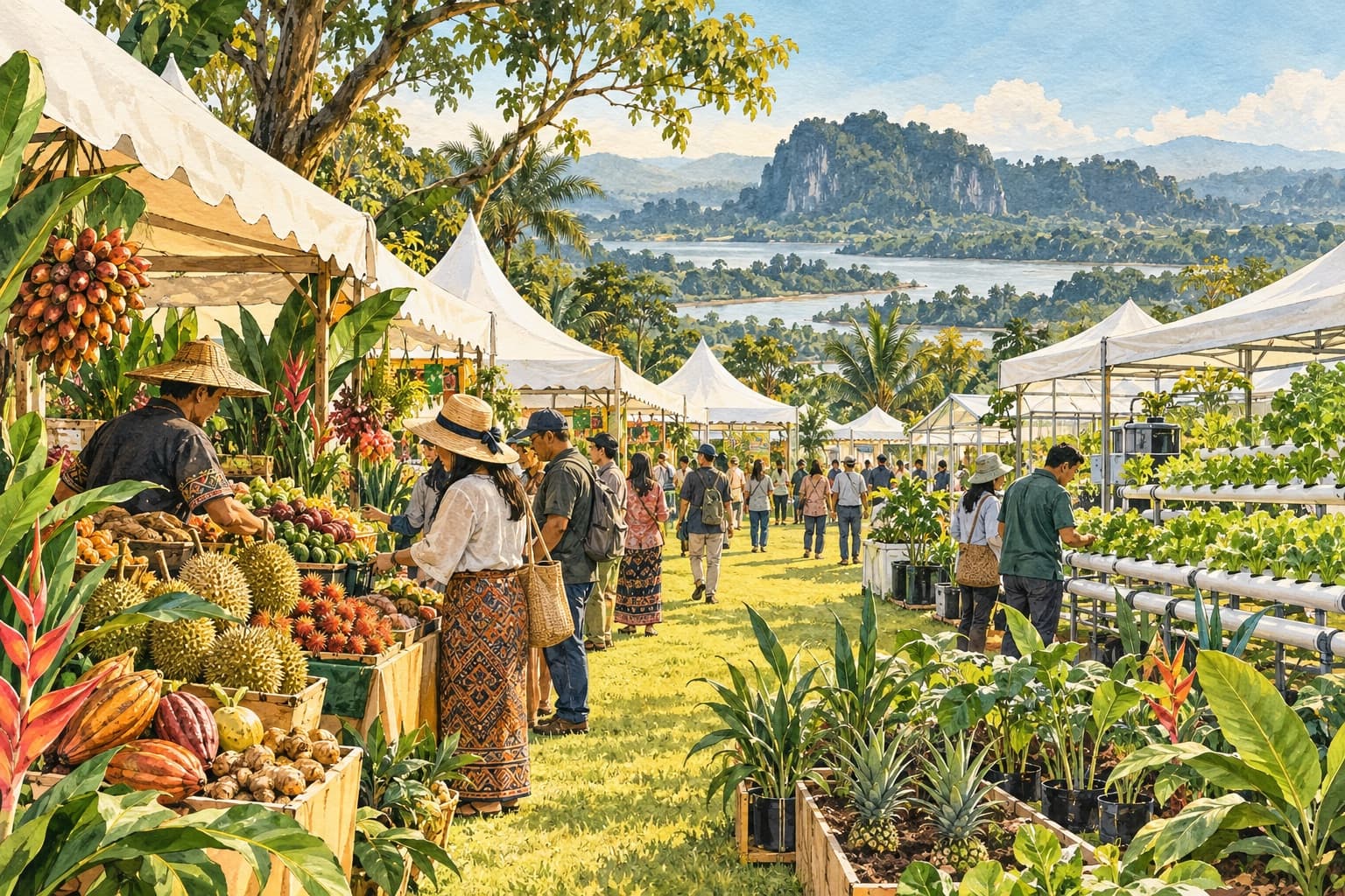 AI illustration: Imagined Bintulu agricultural exhibition with produce stalls and demonstration areas
