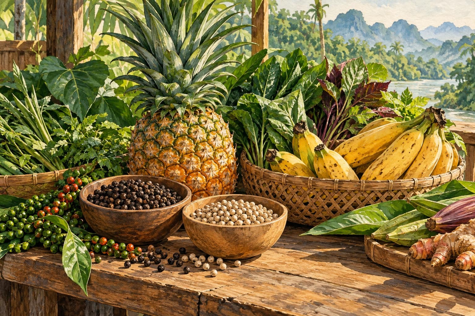 AI illustration: Illustrated peppercorns, pineapple and fresh vegetables in a woven basket