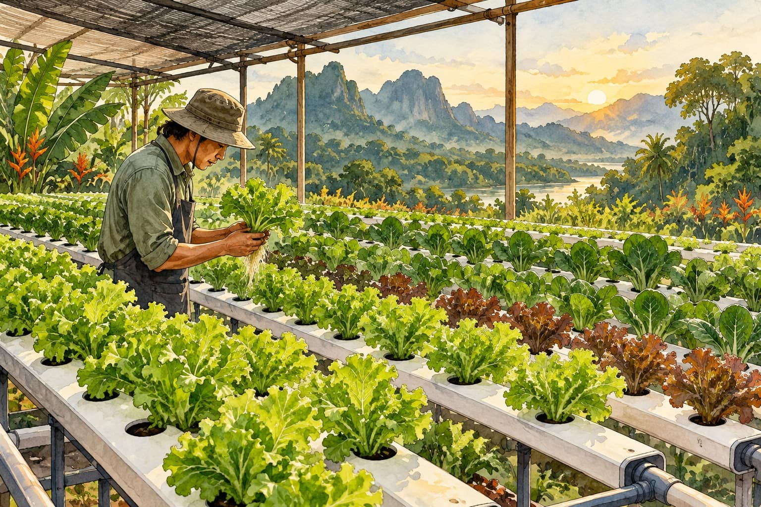 AI illustration: Conceptual hydroponic-growing demonstration in a tropical shade structure