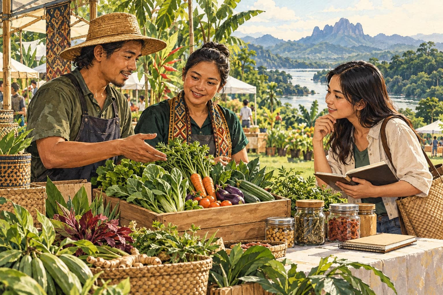AI illustration: Imagined discussion between growers and a food entrepreneur at an exhibition table
