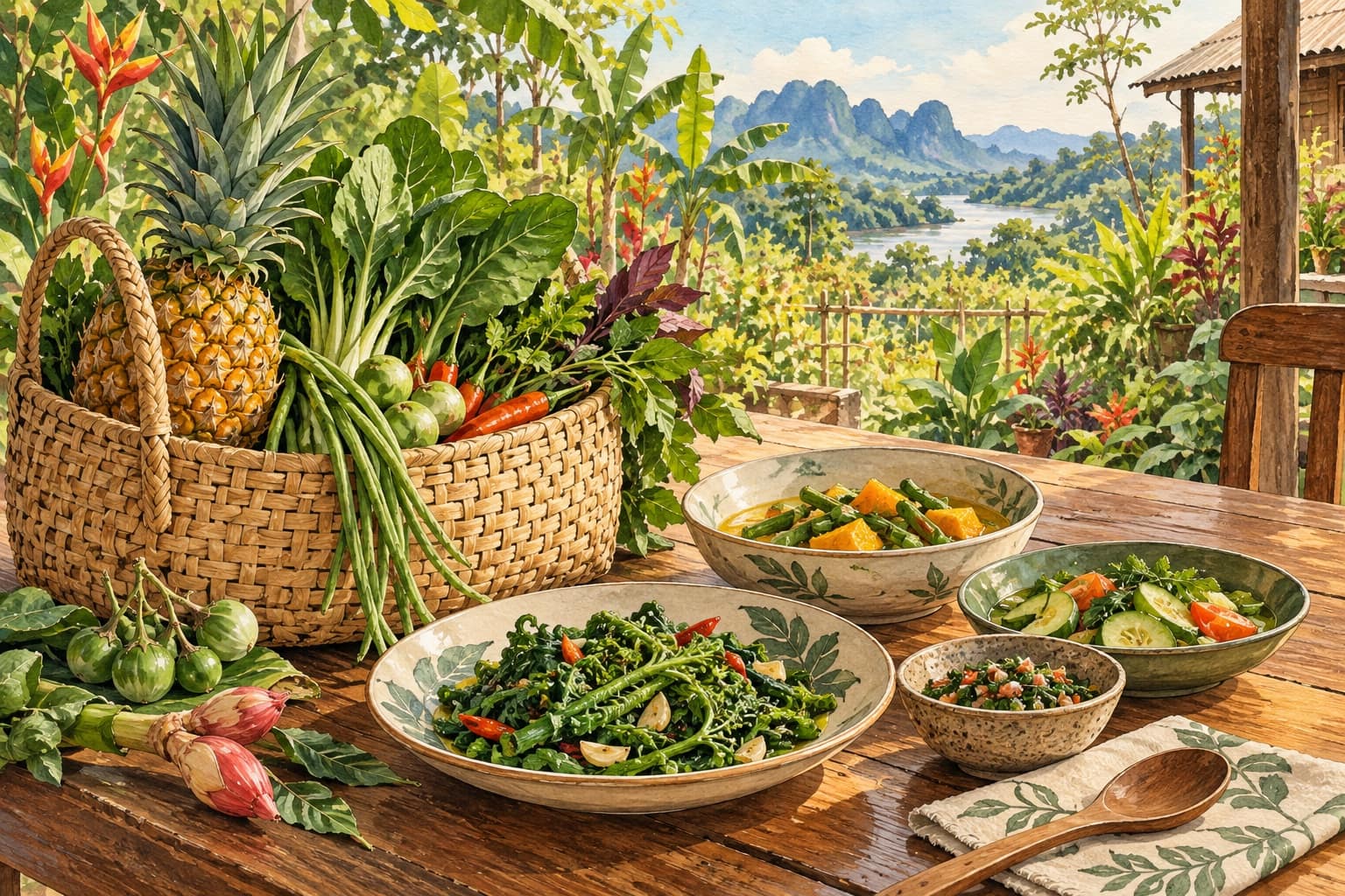 AI illustration: Conceptual farm-to-table scene with local produce and vegetable dishes