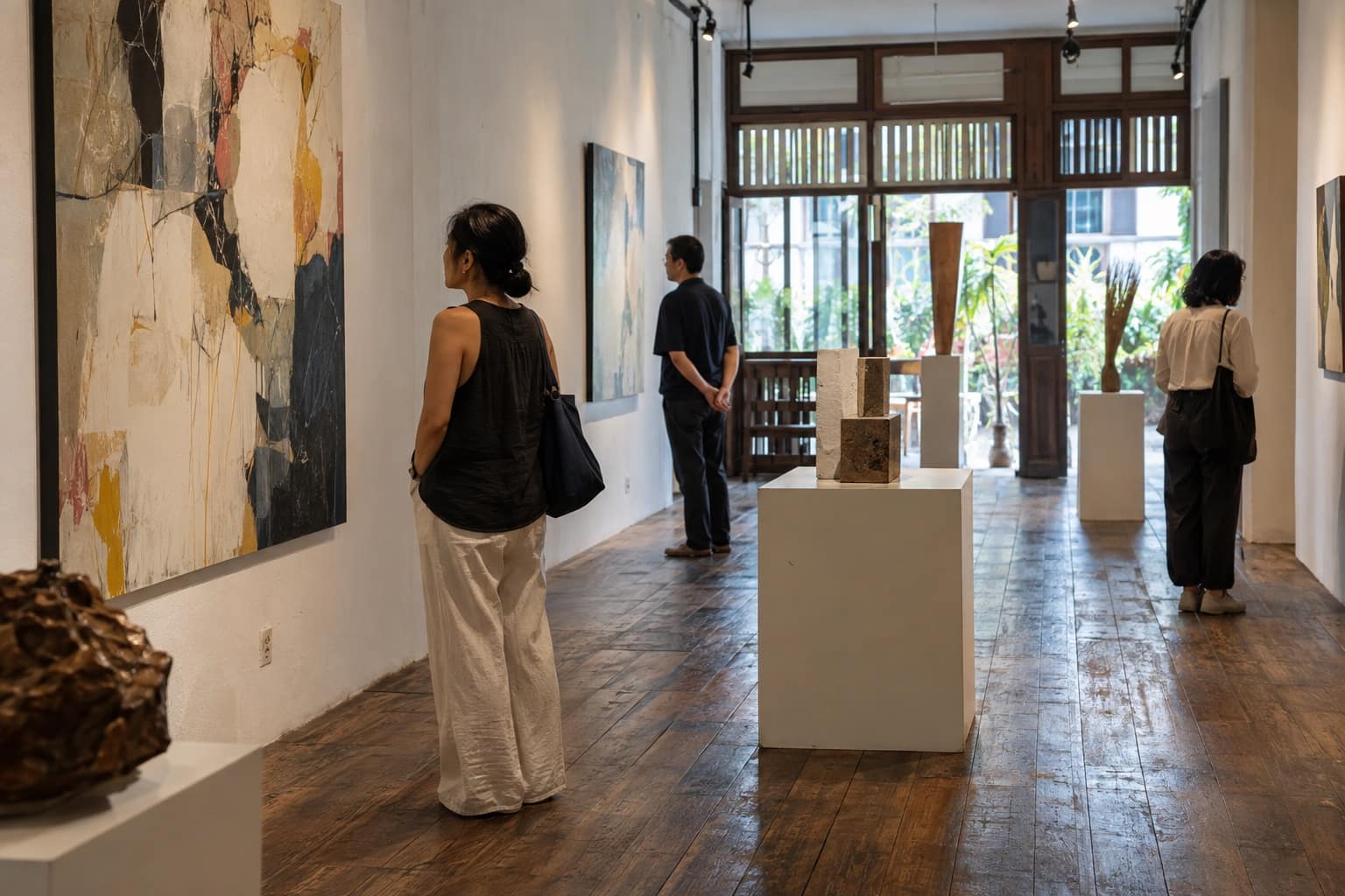 AI-generated image: Imagined Kuching gallery with invented abstract paintings and sculptures