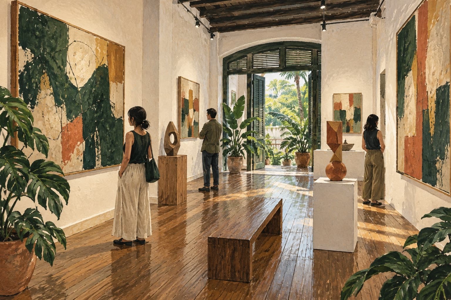 AI illustration: Imagined Kuching gallery with invented abstract paintings and sculptures