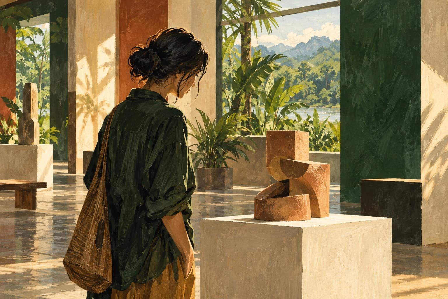 AI illustration: Conceptual visitor studying an invented geometric clay sculpture