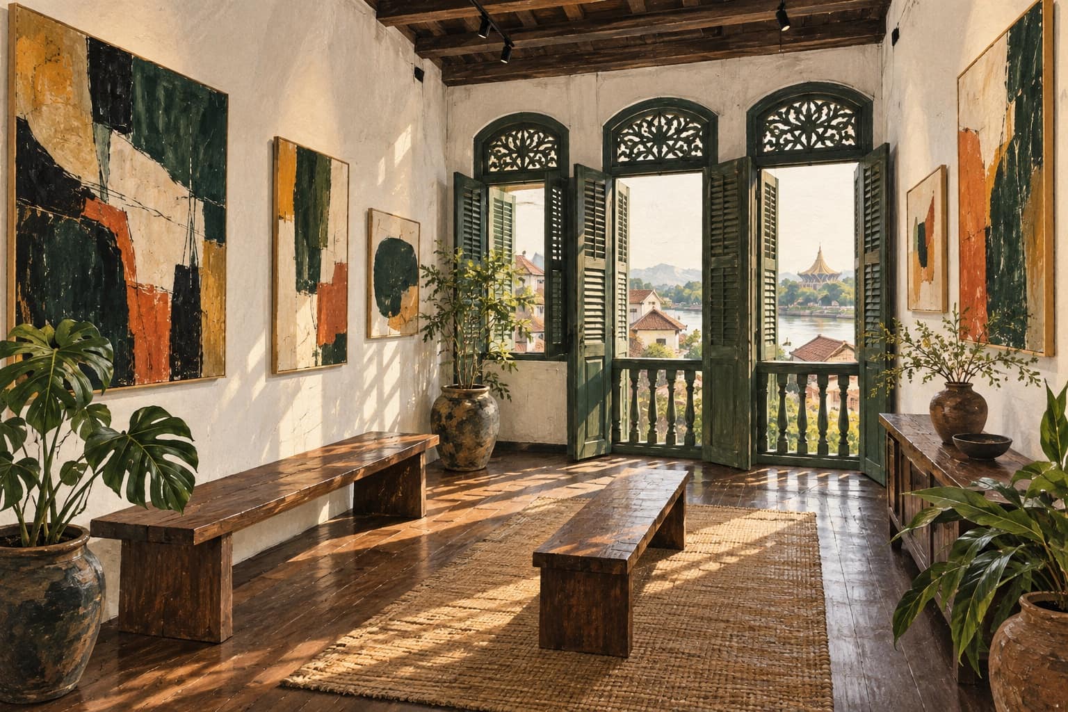 AI illustration: Imagined upstairs shophouse art space with timber shutters and a bench