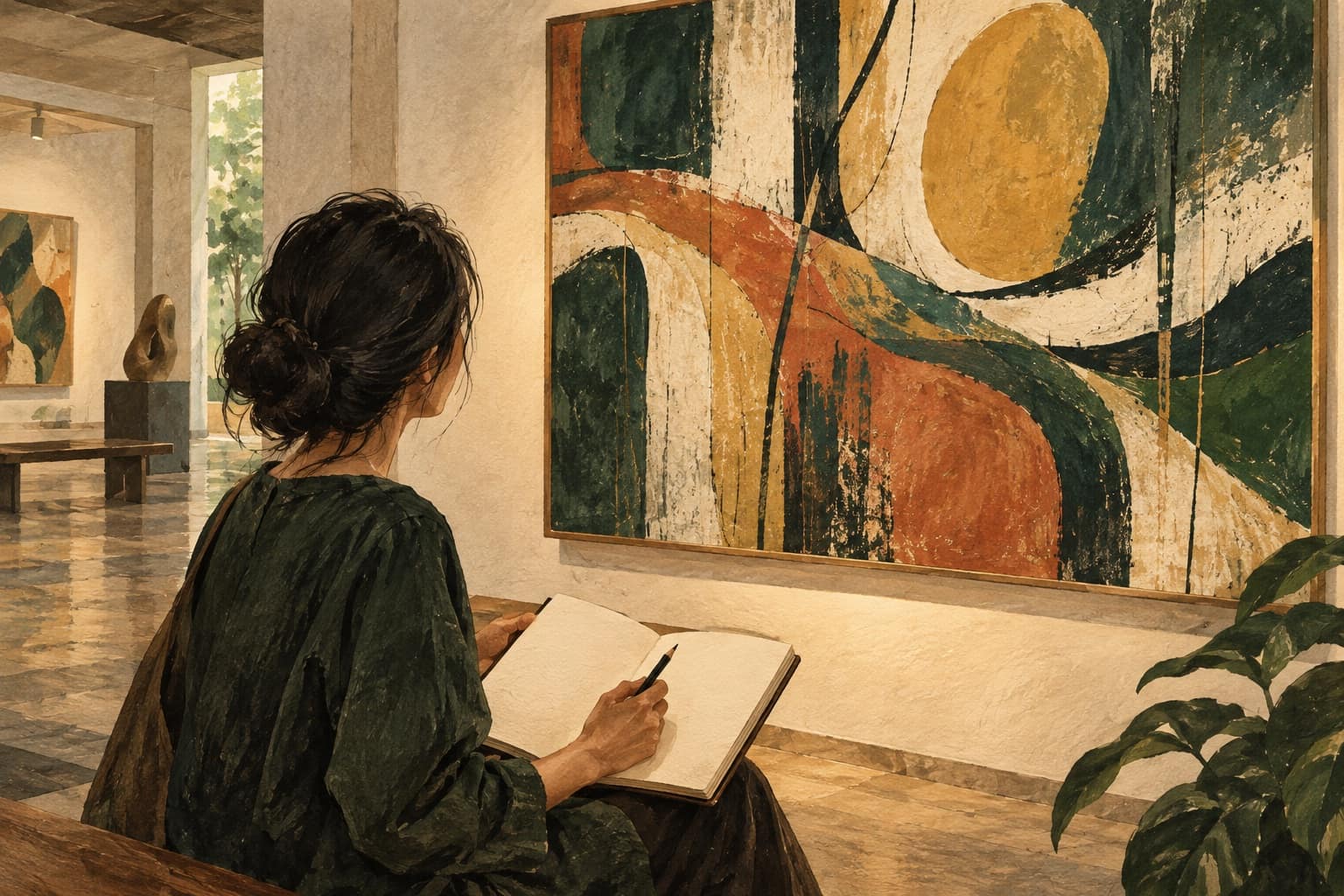 AI illustration: Illustrated visitor’s blank sketchbook beside an invented abstract painting