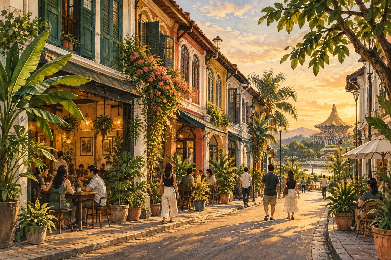 AI illustration: Artist’s interpretation of a quiet late afternoon along a Padungan-inspired street