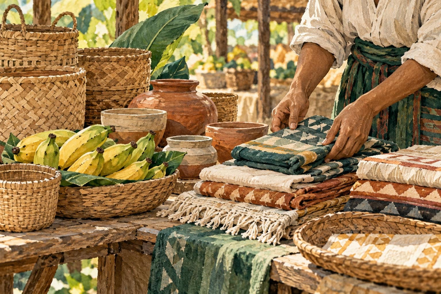AI illustration: Conceptual market display of baskets, pottery, textiles and fresh produce