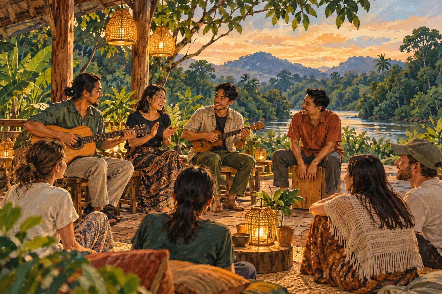 AI illustration: Imagined informal community performance in a tropical Padawan setting