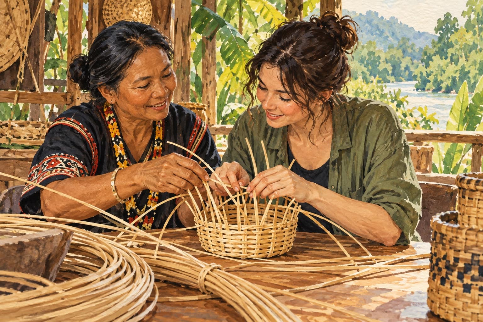 AI illustration: Conceptual rattan-weaving lesson between a maker and an adult visitor