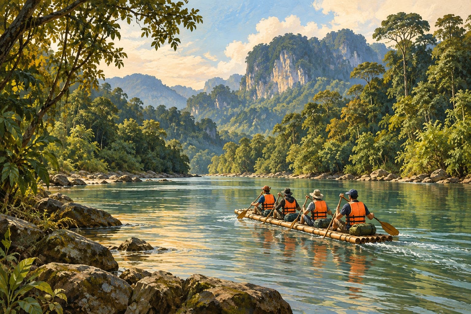 AI illustration: Imagined bamboo-raft outing on a rainforest-lined river inspired by Sarawak Kiri