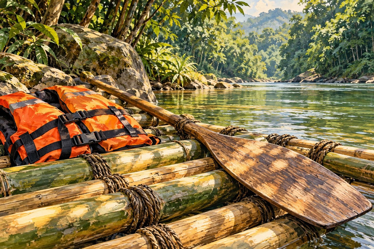 AI illustration: Illustrated bamboo lashings, paddle and lifejacket beside a river