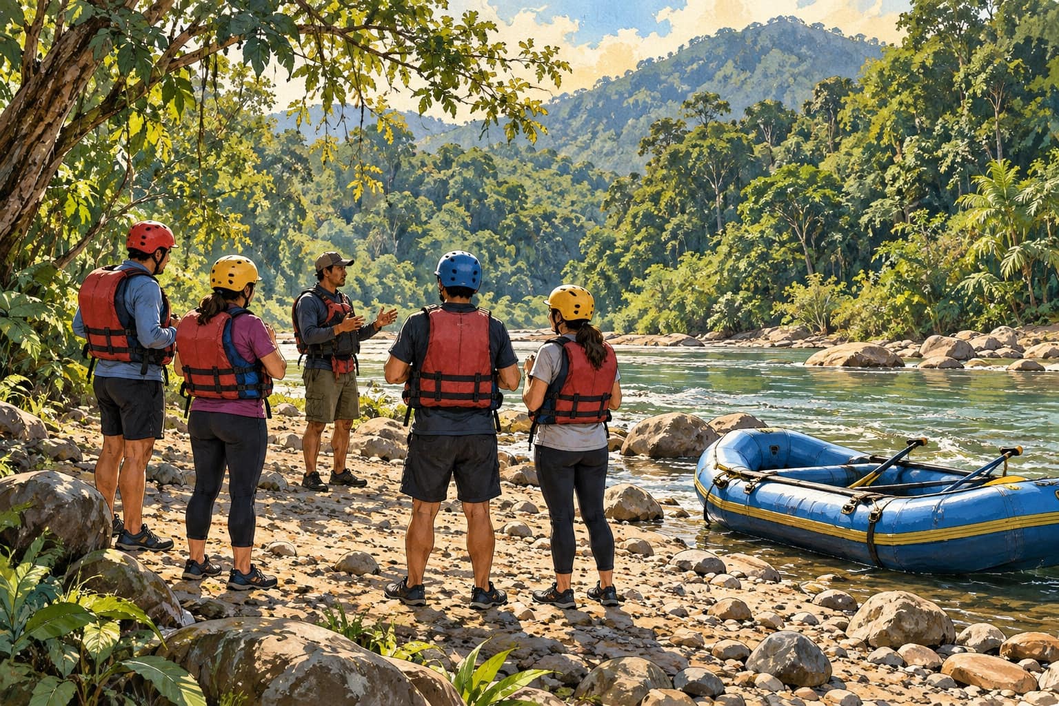 AI illustration: Conceptual pre-trip briefing with lifejacket-wearing adults on a dry riverbank