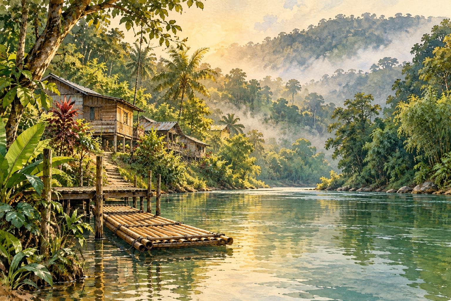 AI illustration: Imagined Padawan riverside village and a moored bamboo raft