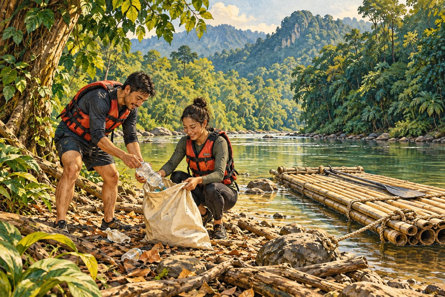 AI illustration: Conceptual river-care scene with visitors collecting litter on shore