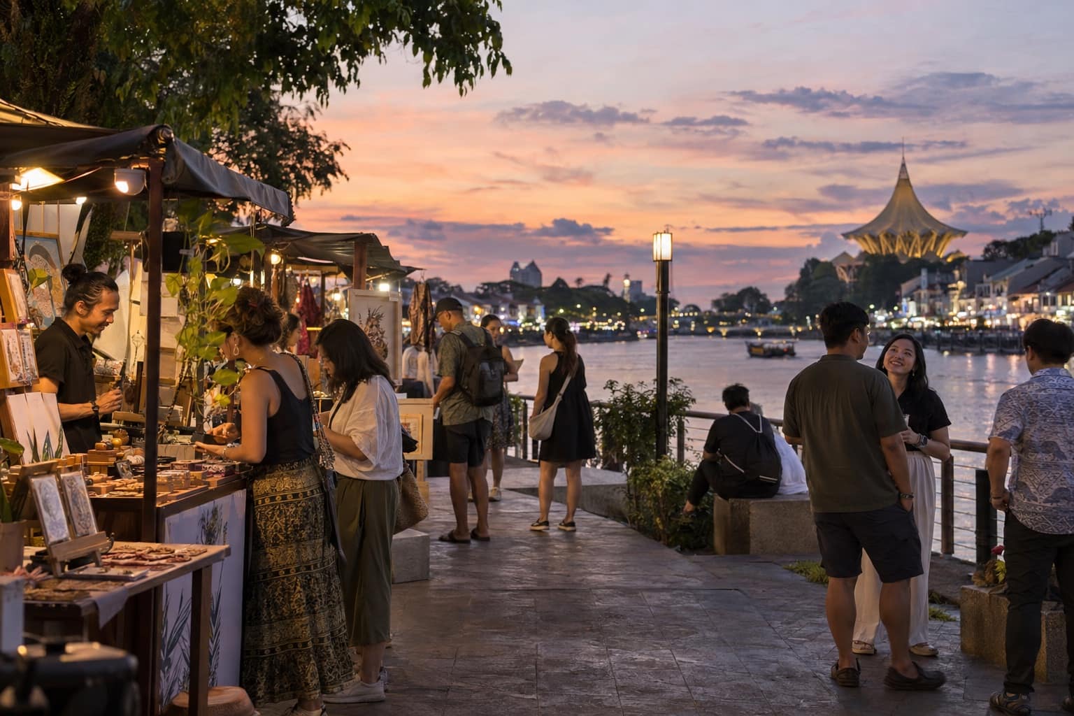 AI-generated image: Imagined arts evening beside the Sarawak River in Kuching