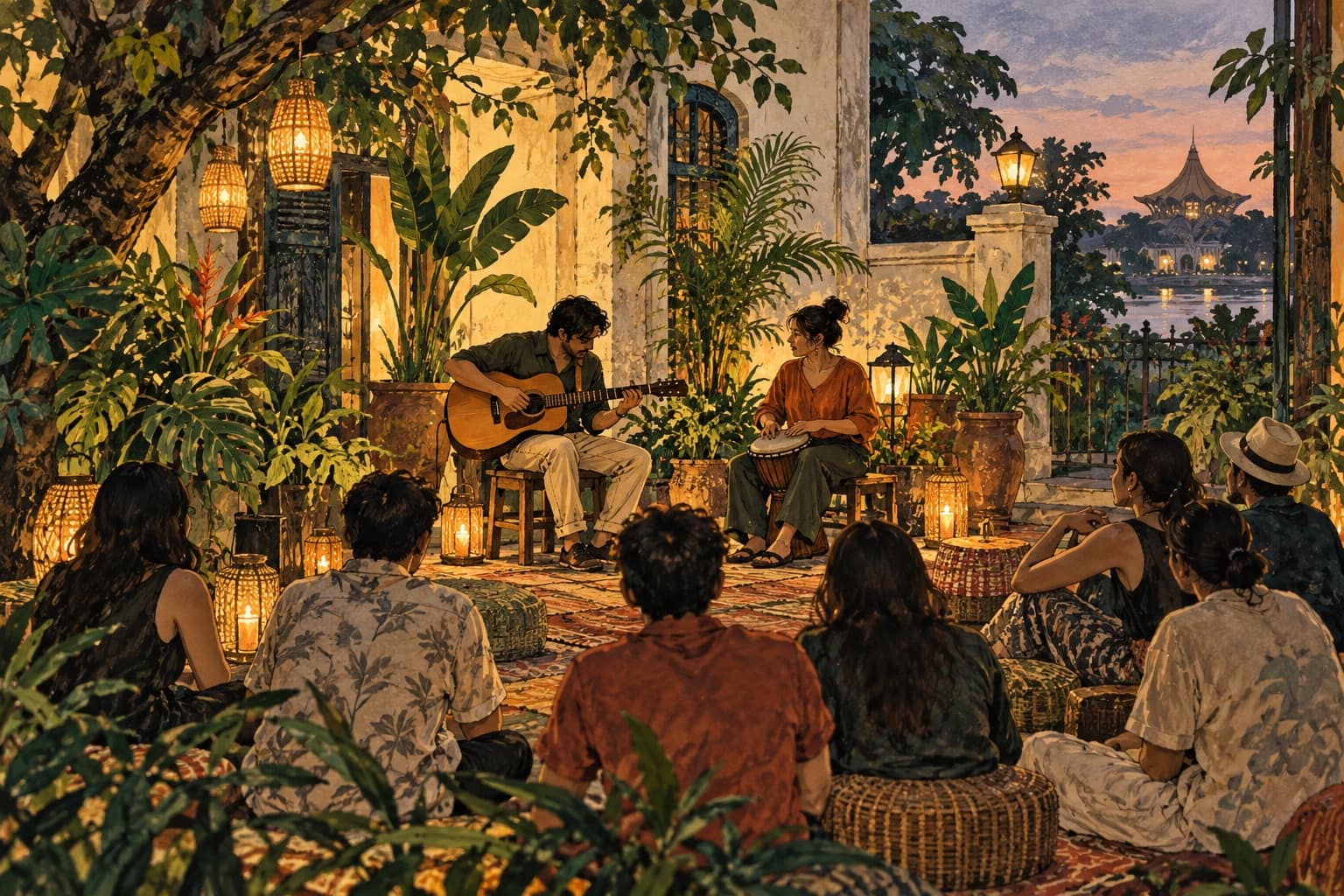 AI illustration: Conceptual acoustic gathering in a Kuching courtyard