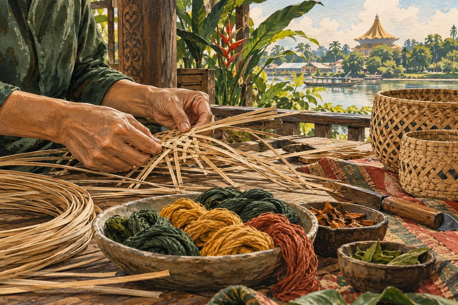 AI illustration: Illustrated rattan weaving and craft materials on a workshop table