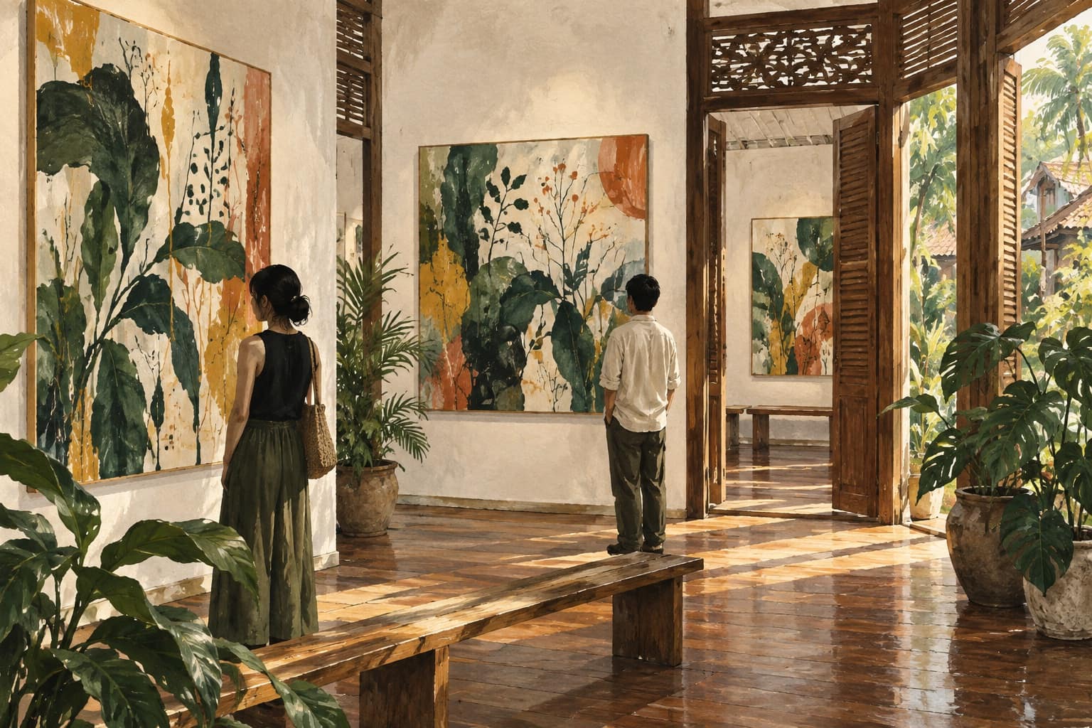 AI illustration: Imagined visitors viewing original abstract art in a Kuching creative space