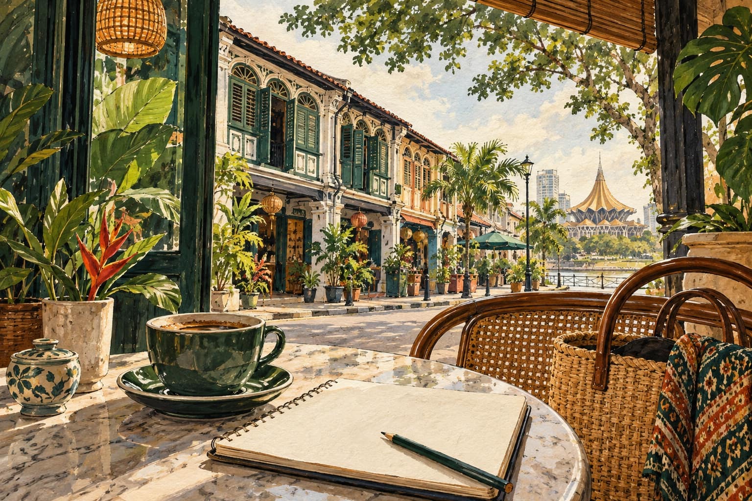 AI illustration: Illustrated coffee and sketchbook overlooking a Kuching-inspired streetscape