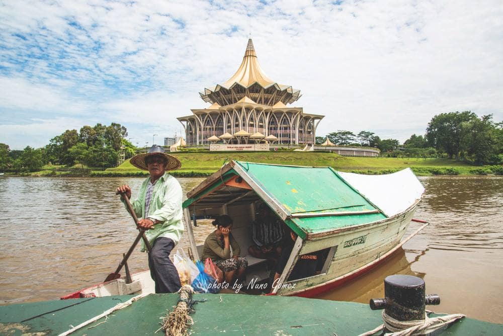 A traditional perahu tambang water taxi at the Kuching Waterfront