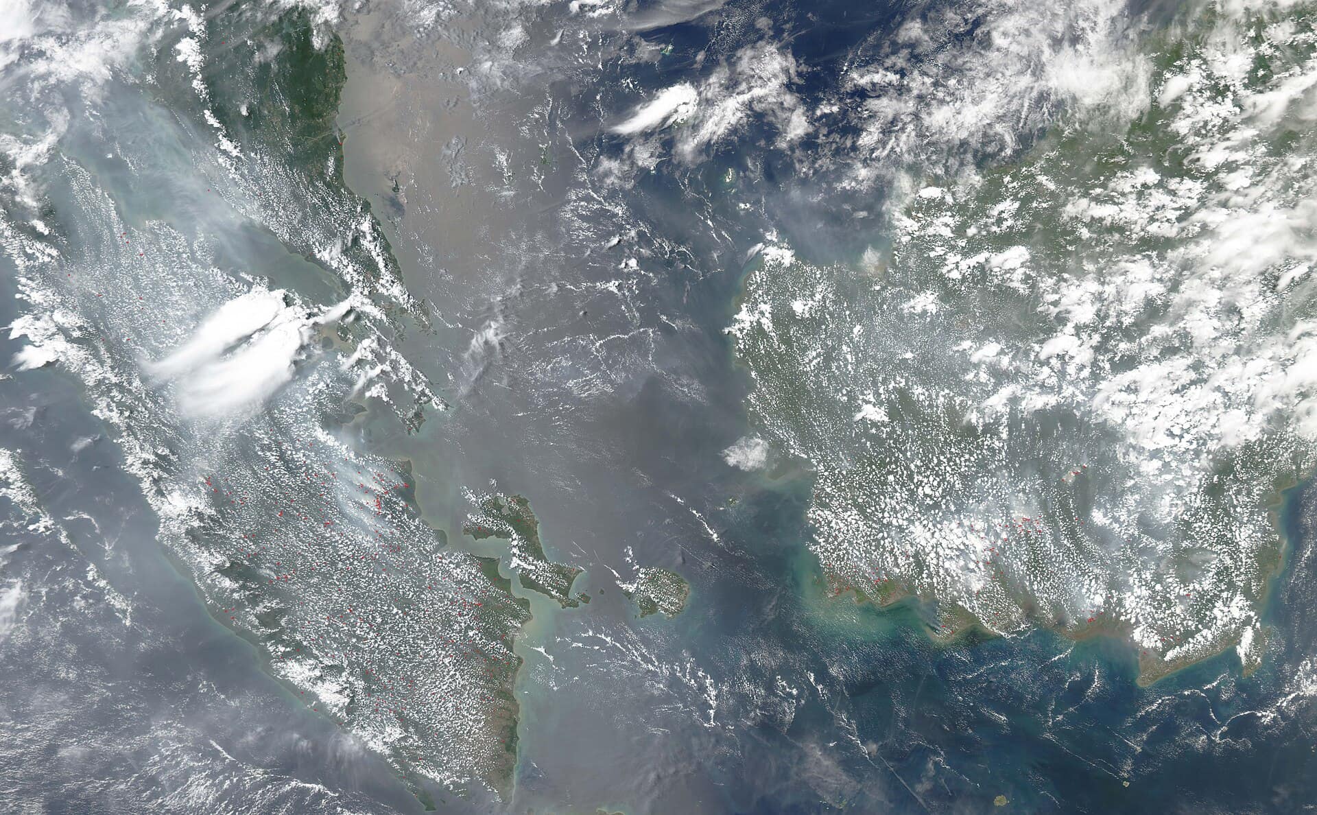 Slash-and-burn forest clearing and open cropland burning on the Indonesian island of Sumatra and in the Kalimantan portion of the island of Borneo are blanketing the region with a pall of haze that has delayed air travel and prompted government officials to distribute gas masks to island residents,