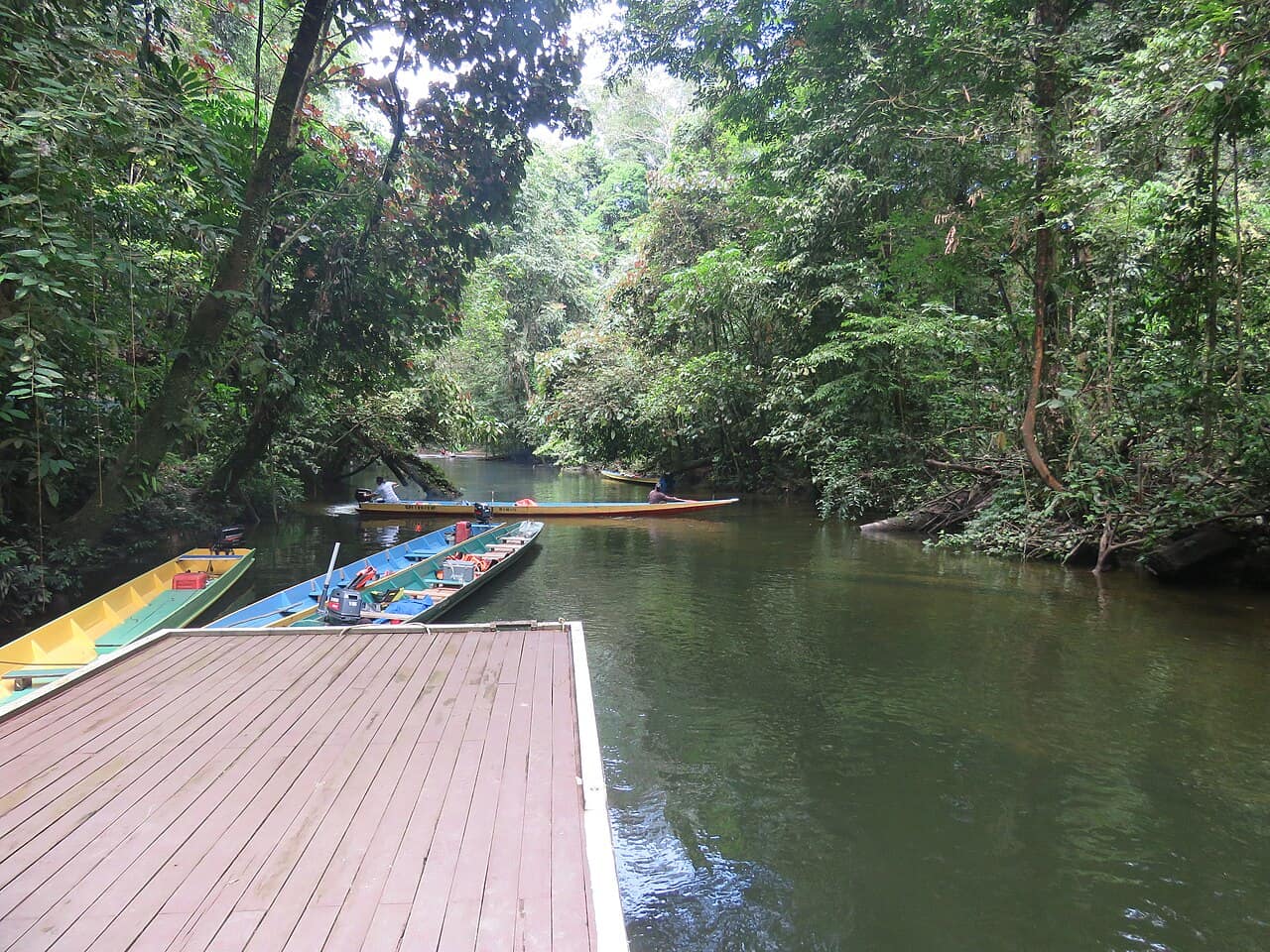 Longboats tied up at the river landing below Clearwater Cave