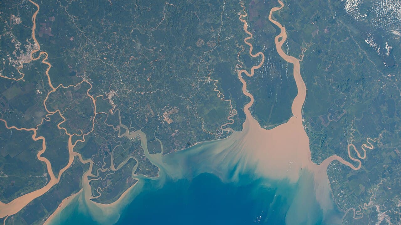 Astronaut photograph from the International Space Station showing the forested Maludam peninsula between two river estuaries
