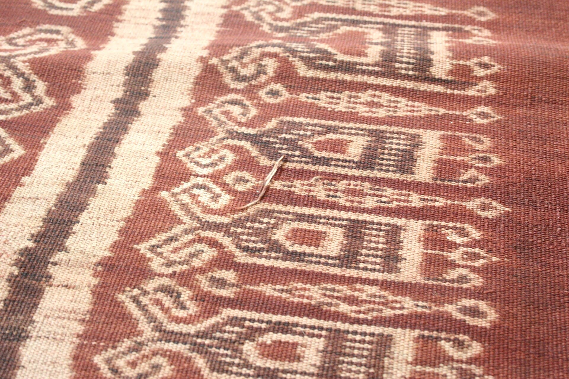 Cloth, warp ikat dyed cotton. In two lengths joined with outer strips, plain end borders with plait. Centre pattern with elongated diamonds enclosing fish or animal motif, bamboo shoot motifs, individual end patterns, earth red, browns and blue. red, brown and natural fine softish weave.
