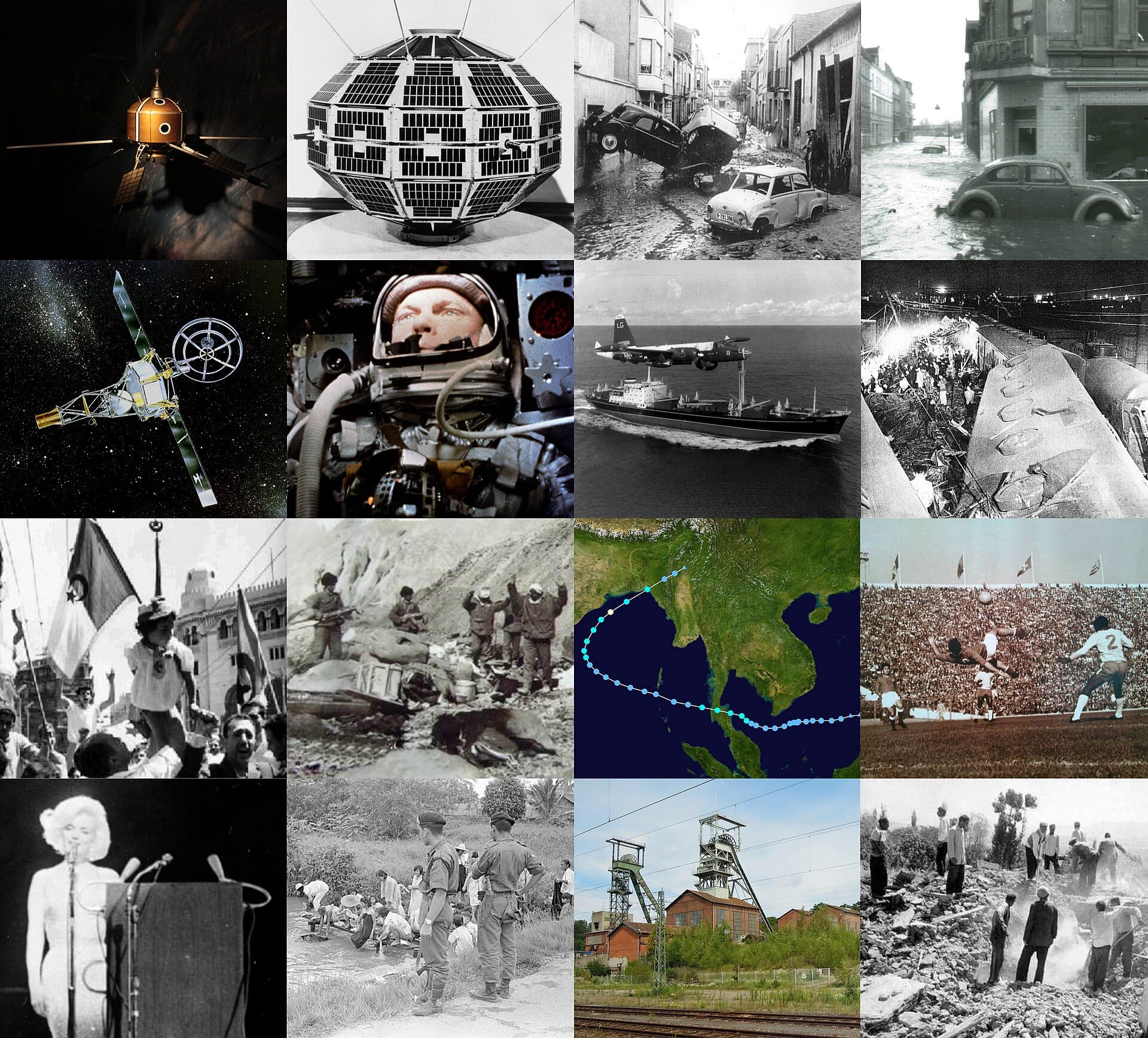 16 major events of 1962. From top to bottom, left to right: Ariel 1 Alouette 1 1962 Vallés floods North Sea flood of 1962 Mariner 2 John Glenn / Mercury-Atlas 6 Cuban Missile Crisis Mikawashima train crash Independence Day (Algeria) Sino-Indian War Tropical Storm Harriet 1962 FIFA World Cup Death of