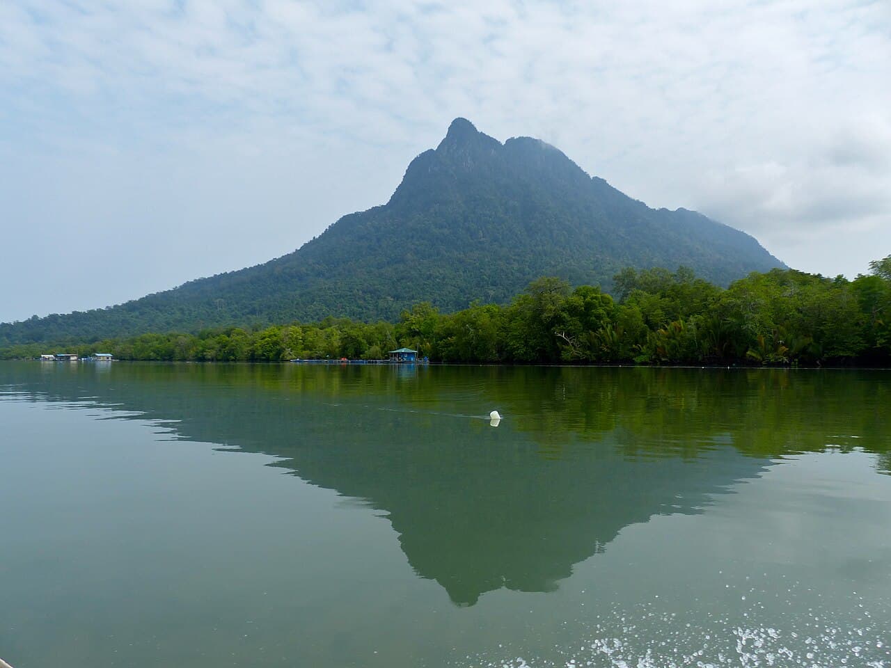 The forested Santubong peninsula rising behind the Santubong River, seen from the water