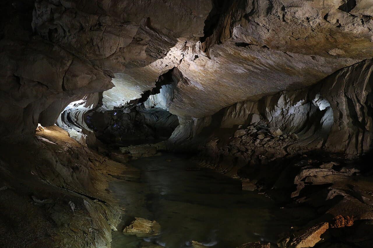 The clear green pool at the mouth of Clearwater Cave, open for swimming