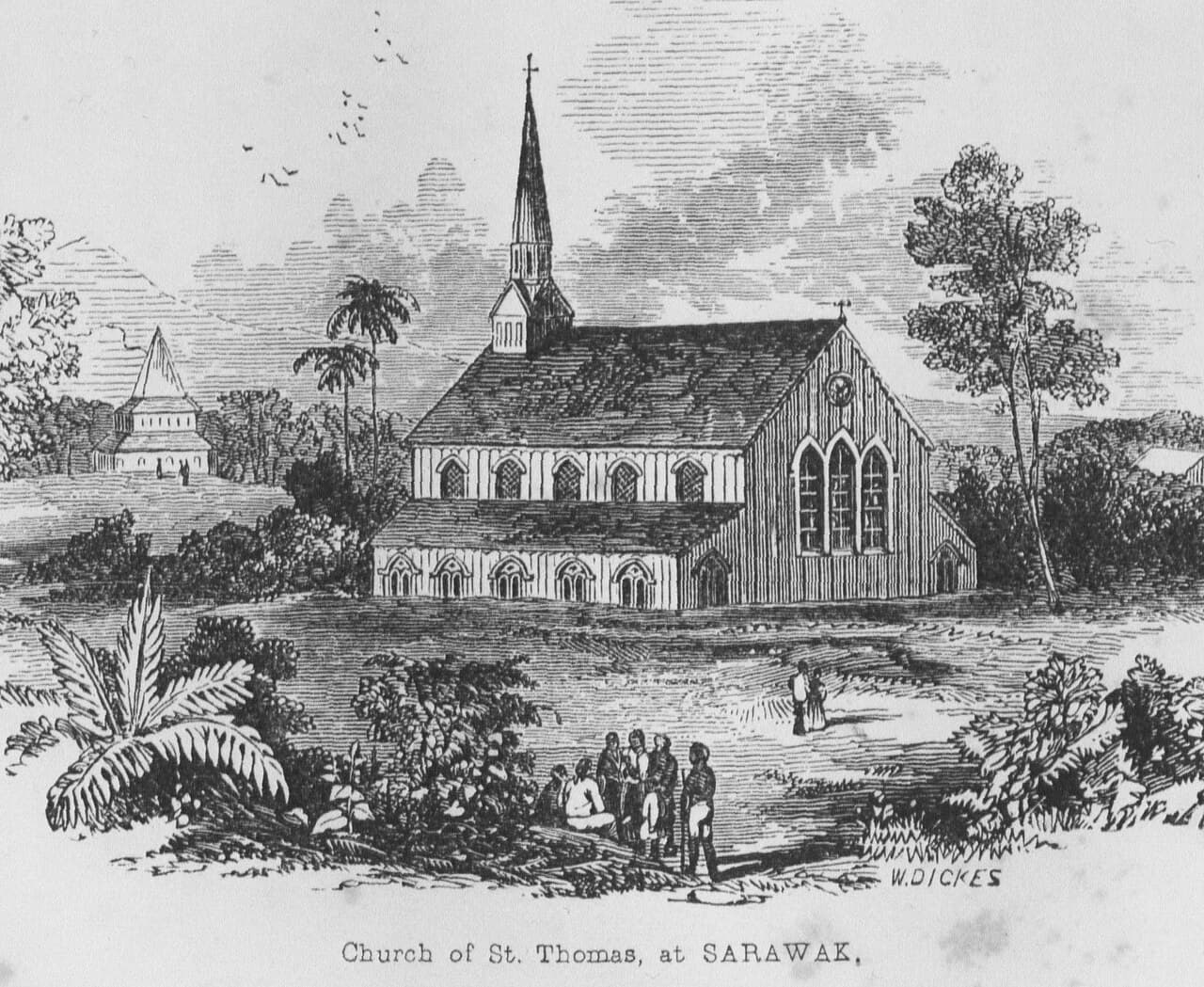A nineteenth-century view of the original St Thomas's church at Kuching, drawn by Harriette McDougall